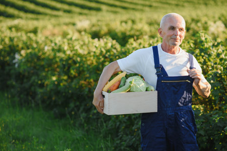 farmer carrying box of picked vegetablesの写真素材