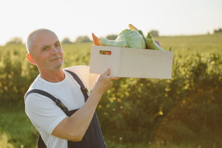 Senior man lifting box full of seasonal vegetables. The concept of healthy eating