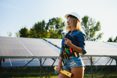 women engineer working on checking and maintenance equipment at green energy solar power plant