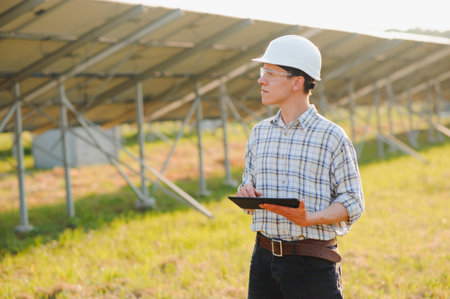 Male worker solar power plant with a tablet on a background of photovoltaic panels.