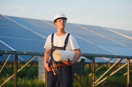 Worker installing solar panels outdoorsの写真素材