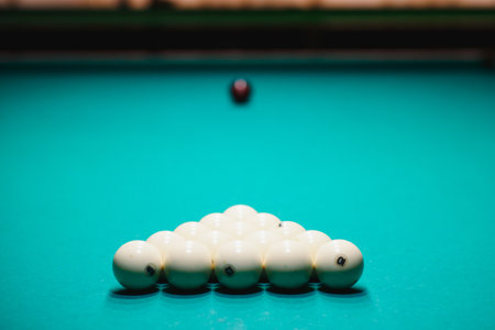 White billiard balls for Russian billiards, in a triangle on the table.の写真素材
