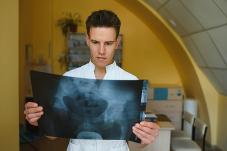 Attractive doctor examining an x-ray and smiling at the cameraの写真素材