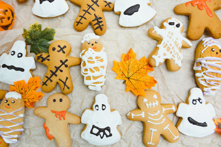Halloween homemade gingerbread cookies backgroundの写真素材