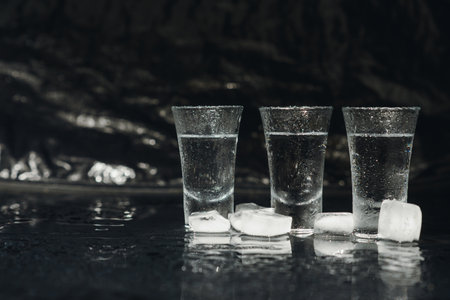 Vodka in shot glasses on dark background.