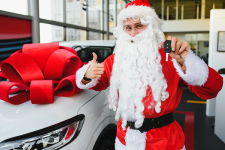 Santa Claus near a new car in a car dealership.の写真素材