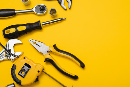 Yellow and black handy tools (pilers and screwdriver) isolated on yellow backgroundの写真素材