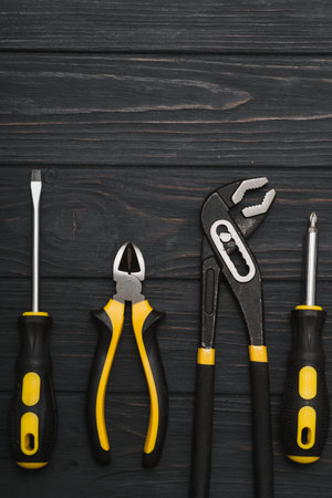 Set of hand tools. Equipment on wooden backgroundの写真素材