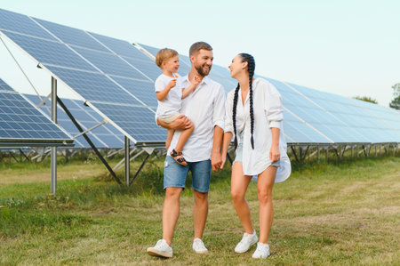 A wide shot of a happy family standing together and smiling at camera with a large solar panel in background.の写真素材