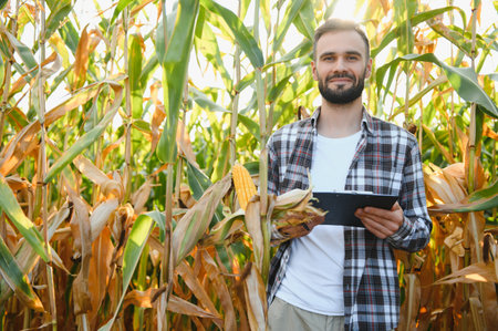 Yong handsome agronomist in the corn field and examining crops before harvesting. Agribusiness concept. agricultural engineer standing in a corn field.の写真素材