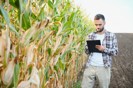 A man inspects a corn field and looks for pests. Successful farmer and agro business