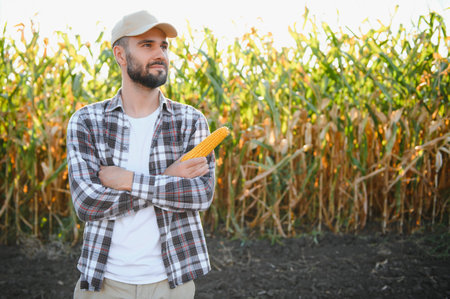 Farmer inspecting the years maize or sweetcorn harvestの写真素材