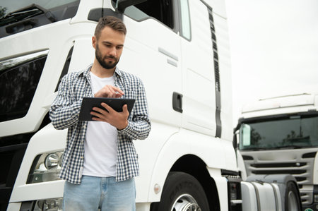 Young handsome truck driver is standing with a tablet near the truck.の写真素材
