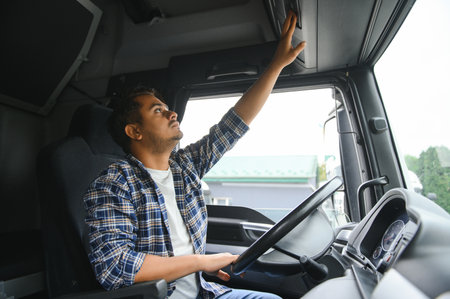 Portrait of a young handsome Indian truck driver. The concept of logistics and freight transportationの写真素材