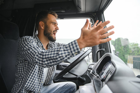 Angry and nervous truck driver yelling at someone in traffic. Difficulties on the road.の写真素材