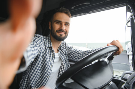 Smile Confidence Young Man Professional Truck Driver In Business Long transport