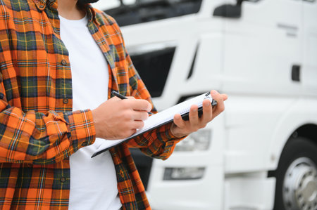 Male driver with clipboard near big truck outdoors.の写真素材