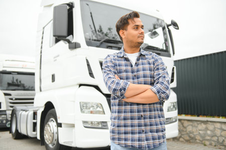 Portrait of confident Indian truck driver on parking. Copy space.
