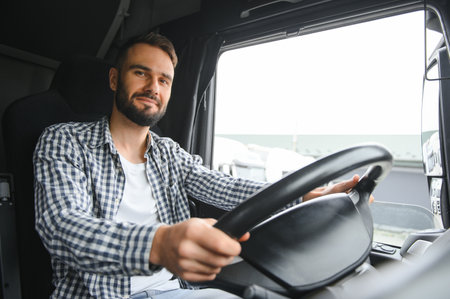 driver behind the wheel in truck cabin