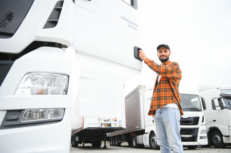 Driver near big truck on parking lot.