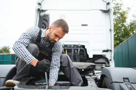 Male Mechanic repairing the truck.の写真素材