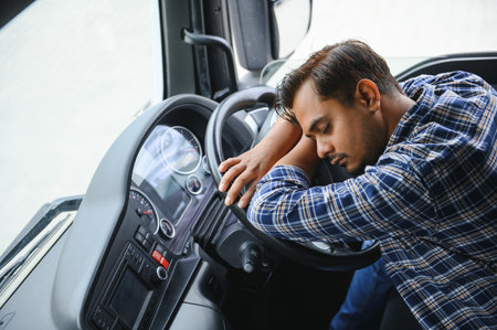 Portrait of tired Indian truck driver feeling sleepy and sickの写真素材