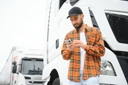 Portrait of young bearded trucker standing by his truck vehicle. Transportation service. Truck...