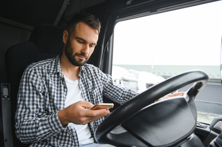 Young professional driver communicating over mobile phone while driving a truck.の写真素材