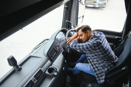 Portrait of tired Indian truck driver feeling sleepy and sickの写真素材