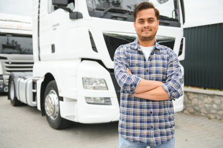 Portrait of confident Indian truck driver on parking. Copy space.の写真素材