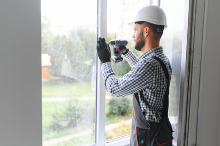 Construction worker installing window in houseの写真素材