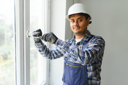 Indian service man installing window with screwdriver.