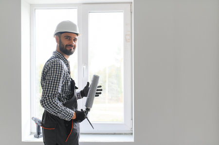 Side View Of A Young Male Worker Applying Glue With Silicone Gun.