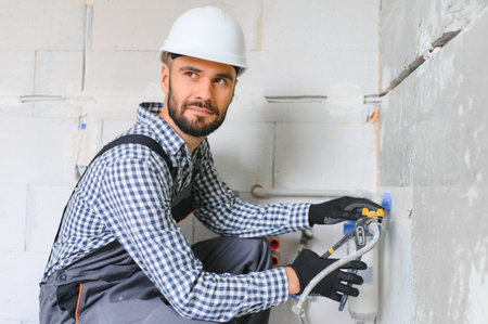Horizontal snapshot of young plumber working with gray sewer pipes, fixing them to wall with a help of screwdriverの写真素材