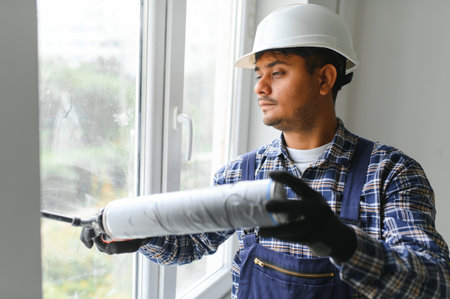 Indian worker using a silicone tube for repairing of window indoor.の写真素材