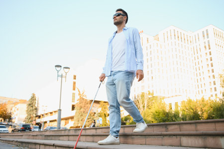 Young handsome blinded man walking with stick in town.の写真素材