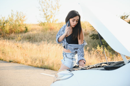 Young sexy woman with broken car calling on the cell phoneの写真素材