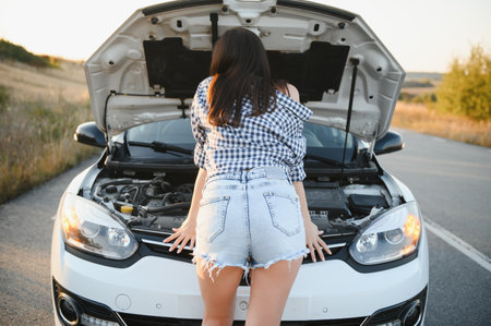 Attractive slim young girl in summer shorts and shirt repairs a broken car. A beautiful woman stands near raised car hoodの写真素材