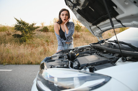 Beautiful slim girl in shirt and shorts looks in open car hood on a road.の写真素材