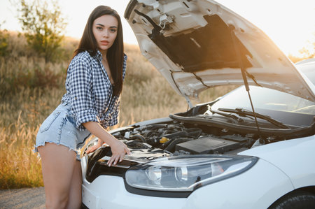 Beautiful sexy woman near a broken car. Confused woman does not know what to do.の写真素材