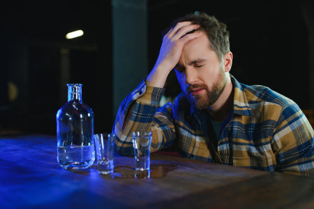 Sad young man sitting at bar counter in pub. Upset man drinks alcohol because of problems at work
