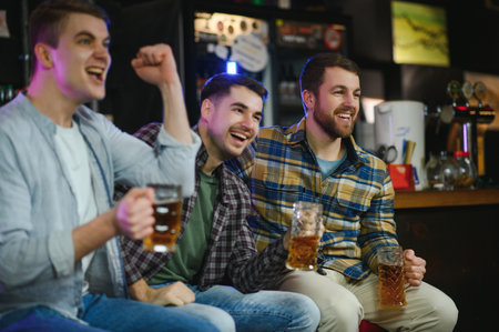 Sport, people, leisure, friendship, entertainment concept - happy male football fans or good yuong friends drinking beer, celebrating victory at bar or pub. Human positive emotions concept.の写真素材
