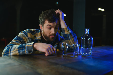 It was a hard day. Depressed young man drinking vodka in bar.の写真素材