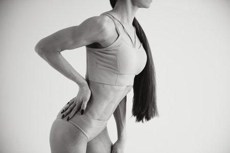 close up picture of woman trained abs.の写真素材