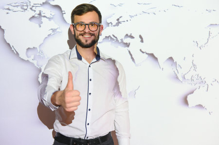 businessman on the background of the world map, international economyの写真素材