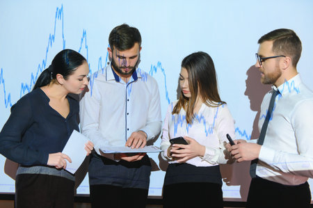 Business Conference Meeting Presentation: Businessman does Financial Analysis talks to Group of...