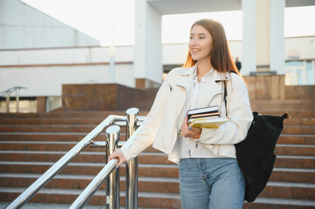 Young girl student smiling against university. Cute girl student holds folders and notebooks in hands. Learning, education concept.の写真素材