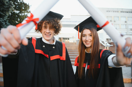 Happy friends on graduation day. Portrait of two cheerful joyful students standing near university buildingの写真素材