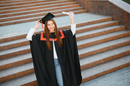 Happy graduation day for a young woman very beautiful with graduation cap smile large in front of the Camera posing while holding her diploma.の写真素材