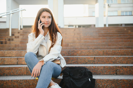 Cheerful attractive young woman with backpack and notebooks standing and smilingの写真素材